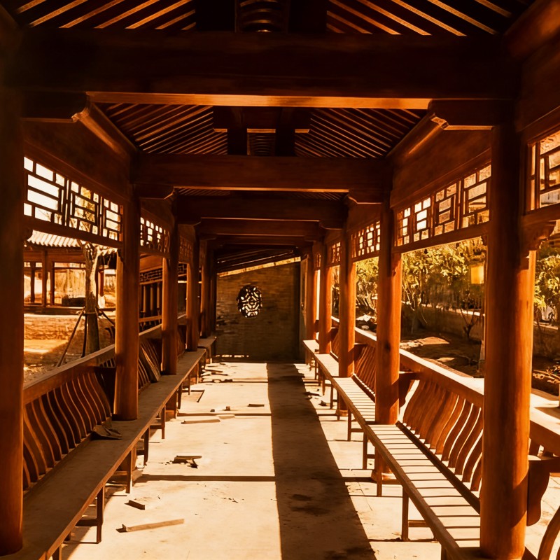 内蒙古长廊古色木檐斜，光影斑驳印石阶, 雕花窗棂透绿意，静坐此间享清宁
